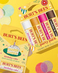 Burt's Bees Lip Balm Party Pack - Birthday Cake, Waffle Cone, Strawberry Shortcake, and Cookies & Cream, All Day Moisturizer, Tint-Free, Natural Origin Conditioning Lip Treatment, 4 Tubes, 0.15 oz.
