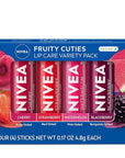 NIVEA Lip Care, Fruity Tinted Lip Balm Variety Pack, Cherry, Strawberry, Blackberry and Watermelon Flavors, 3-in-1 Moisture, Repair and Color, 0.17 Oz Stick, Pack of 4