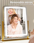 ROLOVE Vanity Mirror with Lights, 18"x22" LED Makeup Mirror with 10X Magnification, Smart Touch 3 Colors Dimmable, Light Up Mirror for Makeup Desk, 360° Rotation, Gold