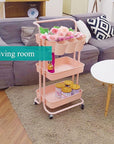 3-Tier Multifunction Rolling Cart Utility Storage Shelves Cart with Hanging Cup Lockable Wheels and Handle for Office Living Room Kitchen Bathroom (Pink)