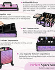 Profesional Rolling Makeup Train Case with Lid, 5 in 1 Cosmetology Case on Wheels, Large Cosmetic Trolley Organizer Travel for Hairstylist Artist Nail Beauty Salon Barber, Gravel Pink