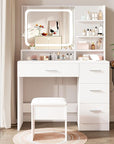 Makeup Vanity Desk Set, 35.4“Wx15.7”Dx53.9“H, White (Smart LED Mirror, with Cushion Stool, Hairdryer Rack, Power-Outlet, 4 Drawers, Open Shelves)