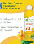 Alba Botanica Sunscreen Spray for Face and Body, Broad Spectrum SPF 70 Sunscreen, Hawaiian Coconut, Water Resistant and Biodegradable, 5 fl. oz. Bottle