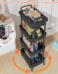 Calmootey 4-Tier Rolling Utility Cart with Drawer,Multifunctional Storage Organizer with Plastic Shelf & Metal Wheel,Storage Cart for Kitchen,Bathroom,Living Room,Office,Black