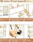 3 Tier Mesh Rolling Utility Cart, Gold Metal Organization Cart with Lockable Wheels, Multifunctional Storage Trolley Service Cart for Kitchen Living Room Office Salon