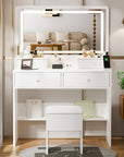 Haewon Makeup Vanity Desk with Mirror, Lights and Charging Station, White Vanity with 3 Lighting Modes, Dressing Table Set with 4 Drawers and Storage Chair for Bedroom