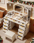 Glass Top Vanity Desk with Foldable Mirror and Lights, 11 Drawers Makeup Vanity with Charging Station, 3 Lighting Modes Dressing Table with Chair, White