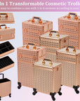 AROUS 5 in 1 Rolling Makeup Train Case Cosmetology Case on Wheels Large Cosmetic Organizer Travel Cart for Hairstylist Artist Nail Beauty Salon Barber,Gold