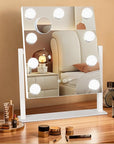 Hollywood Vanity Mirror with Lights, 9 Dimmable Bulbs, 3 Color Lights,Make Up Lighted Mirror, 10x Magnification 360°Rotation (12" x 14") White