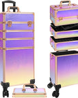 Profesional Rolling Makeup Train Case with Lid, 5 in 1 Cosmetology Case on Wheels, Large Cosmetic Trolley Organizer Travel for Hairstylist Artist Nail Beauty Salon Barber, Colorful