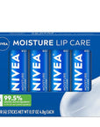 NIVEA Moisture Lip Care, Hydrating Lip Balm with Shea Butter, Nourishing Oils and Vitamin C & E, 3-in-1 Moisture, Repair and Nourish, 0.17 Oz Stick, Pack of 4