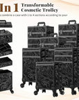 Profesional Rolling Makeup Train Case with Lid, 5 in 1 Cosmetology Case on Wheels, Large Cosmetic Trolley Organizer Travel for Hairstylist Artist Nail Beauty Salon Barber, Black Ink