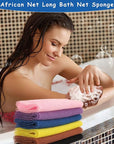 BHYTAKI 6 Pieces African Net Sponge African Exfoliating Net Long African Bath Sponge Washcloth Shower Net African Body Scrubber Net for Skin Smoother Daily Use(Pink,Yellow,Purple,Black,Blue,Brown)