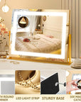 ROLOVE Vanity Mirror with Lights 22"x18", Lighted Makeup Mirror with 10X Magnification, Smart Touch 3 Colors Dimmable, 360° Rotation, Women Gift, Dresser Mount, Bathroom (Gold)