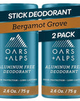 Oars + Alps Deodorant for Men & Women, Aluminum Free Deodorant for Men, Dermatologist Tested, Clean Ingredients, Vegan, Long Lasting, Odor Protection, Bergamot Grove, 2pk, 2.6oz