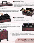Profesional Rolling Makeup Train Case with Lid, 5 in 1 Cosmetology Case on Wheels, Large Cosmetic Trolley Organizer Travel for Hairstylist Artist Nail Beauty Salon Barber, Red