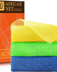 UJFQBH 3 Pieces African exfoliating net African Net Long Net Bath Sponge Exfoliating Shower Body Scrubber Back Scrubber Skin Smoother,Great for Daily Use (Yellow, Green, Blue)
