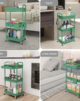 REBECAT 3 Tier Rolling Utility Cart with Drawer,Rolling Storage Cart,Storage Cart for Kitchen,Bathroom,Living Room, Organizer with Iron Wheels(Green)