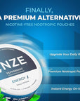 NZE Caffeine Nootropic Pouches (Peppermint) - Nootropic Energy Pouches with 50mg Caffeine, Alpha GPC, L-Tyrosine & L-Theanine with No Sugar or Artificial Sweeteners - 15 Nicotine Free Pouches Per Can