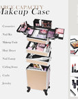 Professional Rolling Makeup Case with Wheels, 5-in-1 Makeup Train Case, Cosmetic Makeup Trolley Cart Travel Cosmetology Case On Wheels with Key for Hairstylists, Nail Tech (Gold Crystal)