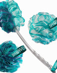SHOWER BOUQUET 2-Sided-Loofah-Back-Scrubber & Bath-Sponge Set // 1-Long-Handle-Back-Brush Plus 2-Extra-Large 75g Soft Mesh Poufs, Men & Women - Exfoliate with Full Pure Cleanse in Bathing Accessories
