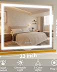 FENNIO 23" x 18" Vanity Mirror with Lights,LED Makeup Mirror,Hollywood Mirror with 3 Color Modes & Adjustable Brightness,Vanity Mirror Square Gold