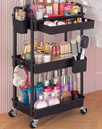Goovilla Rolling Makeup Organizer Cart with Removable Drawer, 3 Tier Stable Black Floor Skincare Storage Cart for Vanity, Cosmetic Display, Nail Polish, Perfume, Hair Stuff, Beauty, Bathroom(Plastic)