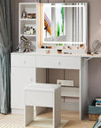Haewon White Vanity Desk with Lighted Mirror and Charging Station, Makeup Vanity with 3 Color Modes and Adjustable Brightness, Dressing Table Set with Storage Drawers, Cabinet and Chair for Bedroom