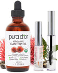 PURA D'OR 4 Oz ORGANIC Castor Oil - w/ 2 BONUS Empty Brushes - 100% Pure USDA Certified Cold Pressed, Hexane Free Eyelash & Eyebrow Serum - For Fuller, Thicker Lashes & Brows - Skin & Hair