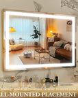 ROLOVE Vanity Mirror with Lights, 32" x 22" Large Lighted Vanity Mirror with Dimmable 3 Modes, LED Makeup Mirror, 10X Magnification, USB Charging Port, Tabletop or Wall-Mounted Square Gold