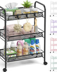 TOOLF 3-Tier Metal Rolling Cart, Mesh Wire Easy Assemble Utility Cart, Storage Trolley on Wheels with 3 Hooks, MetalStorage Shelving Units for Kitchen Bathroom Laundry Room