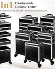 5 in 1 Rolling Makeup Train Case Professional Cosmetic Trolley Large Storage Organizer on Wheels for Hairstylist Artist Nail Beauty Salon Barber Black