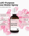 Rose Water Spray for Face & Hair - Organic USDA Certified Rosewater Facial Toner - Alcohol-Free Makeup Setting Hydrating Face Mist - Anti-Aging Toner Spray - 4 Oz