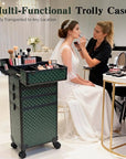 5 in 1 Rolling Makeup Train Case on Wheels Large Cosmetic Organizer Travel Cart for Women Beauty Salon Barber Hairstylist Green