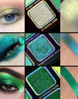 Afflano Multichrome Green Eyeshadow Palette, Color-Shifting Green Glitter Eyeshadow Pallet, Matte Chrome Eye Shadow Dark Forest green Makeup for Women Smokey Blue Brown Eyes Cosplay Party Daily Use