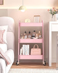 TOOLF 3-Tier Metal Rolling Cart with Wheels, Storage Utility Organizer Cart for Kitchen, Bathroom, Office, Baby Essentials & Makeup - Lockable Casters, Easy Assembly, Large Capacity, Pink