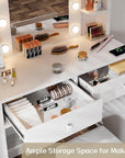 Haewon Makeup Vanity Desk with Mirror, 10 LED Lights and Charging Station, White Vanity with Adjustable Lighting, Dressing Table Set with Storage Chair Drawers Shelves for Bedroom