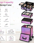 Profesional Rolling Makeup Train Case with Lid, 5 in 1 Cosmetology Case on Wheels, Large Cosmetic Trolley Organizer Travel for Hairstylist Artist Nail Beauty Salon Barber, Gravel Pink