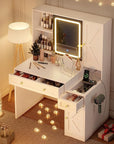 Pamapic Glass Top Sliding Mirror Vanity Desk with Lights, Makeup Vanity with Jewelry Storage, 3 Drawers, 12 Compartments, Golden Handles, 3 Color Dressing Table with Charging Station, Bedroom, White