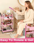 Goovilla Rolling Makeup Organizer Cart with Removable Drawer, 3 Tier Stable Pink Floor Skincare Storage Cart for Vanity, Cosmetic Display, Nail Polish, Perfume, Hair Stuff, Beauty, Bathroom(Plastic)