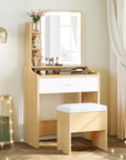 LIKIMIO Small Makeup Vanity Desk with Mirror and Lights, Vanity Table Set with Storage Drawer, Chair and Three Shelves, Bedroom, Wood