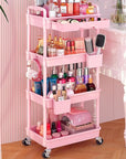 Goovilla Rolling Makeup Organizer Cart with Removable Drawer, 4 Tier Stable Pink Floor Skincare Storage Cart for Vanity, Cosmetic Display, Nail Polish, Perfume, Hair Stuff, Beauty, Bathroom(Plastic)