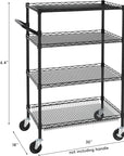 Finnhomy 4 Tier Heavy Duty Commercial Grade Rolling Cart with Handle Bar, Metal Wire Utility Cart with Wheels, Shelf Size 18" D x 30" W, NSF Listed, Black