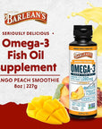 Barlean's Mango Peach Omega 3 Fish Oil Liquid Supplement with Vitamin D, 1080mg EPA & DHA Fatty Acid, Smoothie Flavored & Burpless for Brain, Joint, & Heart Health, 8 oz