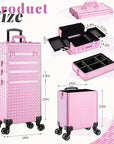 AROUS 5 in 1 Rolling Makeup Train Case Cosmetology Case on Wheels Large Cosmetic Organizer Travel Cart for Hairstylist Artist Nail Beauty Salon Barber,All Pink