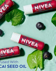 NIVEA Vegan Lip Care Variety Pack, Acai Seed Oil and Hemp Seed Oil with Shea Butter Lip Balm Sticks, 0.17 Oz Stick, Pack of 4