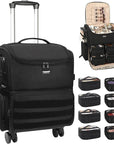 Relavel Rolling Makeup Train Case, Cosmetology Case on Wheels with 4 Clear Bags, Professional Makeup Artist Set Bags Organizer with 360° Spinner Wheels (Black with 4 additional bags, Large)