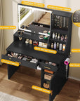 YITAHOME Vanity Desk with Mirror and Light, Makeup Vanity Set with Jewelry Organizer, Drawers, Cabinet and Lots Shelves, 3 Color Adjustable Lighting, Dressing Table for Bedroom, Dressing Room, Black