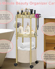 3-Tier Rolling Makeup Organizer Cart with Hair Dryer Holder - Salon-Grade Cosmetic Organizer, Mobile Bathroom Storage Cart for Skincare, Makeup Essentials -Locking Wheels (Gold Finish)