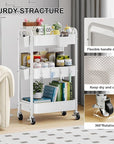3 Tier Rolling Cart Metal with Wheels, White Three Tiered Storage Cart on Wheels, Utility Trolley Carts Organizer for Kitchen Storage, Pantry, Snack, Craft, Art, Lash, Makeup, Bathroom, Dorm Supply